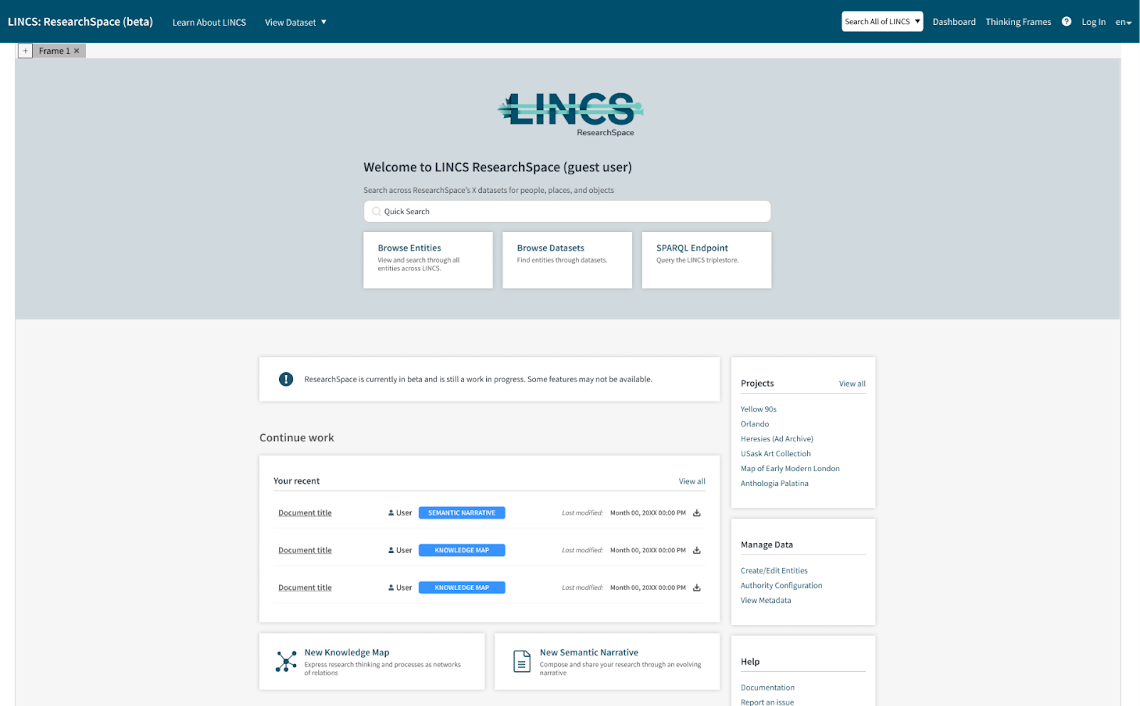 Le site web LINCS ResearchSpace beta, présentant les trois principales fonctionnalités sur la page d&#39;accueil.